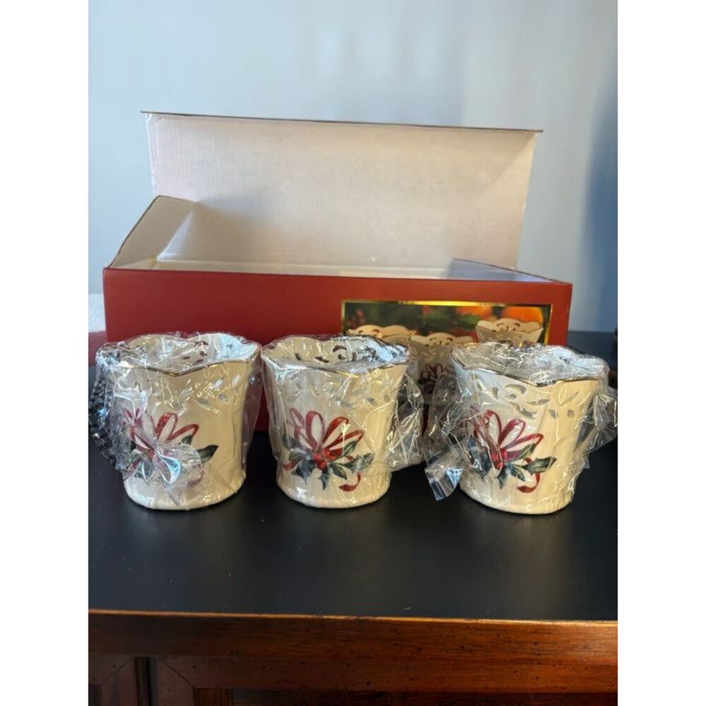 Lenox Winter Greetings Pierced Votives Set of 3 Ivory Porcelain Original Box